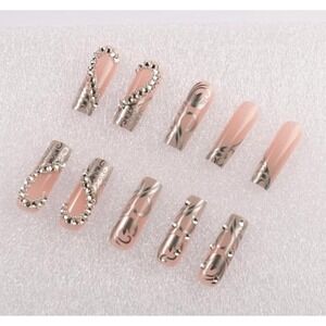 Press on Nails for Women 24pcs Grey Silver Filigree Rhinestone Long Coffin